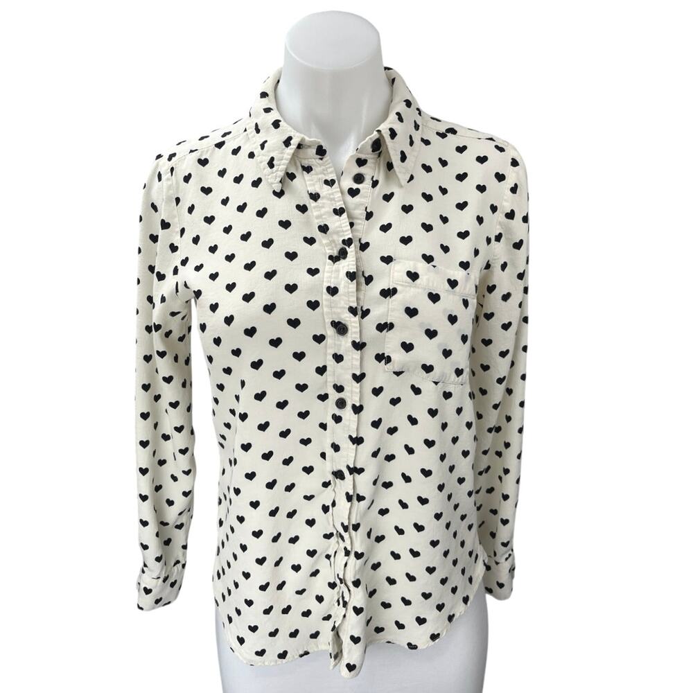 Topshop Black White Hearts Print Long Sleeve Button Down Shirt Blouse Top Size 2